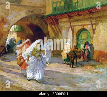 Algerien/USA: 'Frauen von Algier'. Öl auf Leinwand Gemälde von Frederick Arthur Bridgman (1847-1928), Ende des 19. Jahrhunderts. Die Geschichte Algiers von 1815 bis 1962 ist an Algerien und seine Beziehung zu Frankreich gebunden. Am 4. Juli 1830, unter dem Vorwand einer Affront gegen den französischen Konsul, den der Dey (ein osmanischer Herrscher) mit einem Fliegenbesen getroffen hatte, als der Konsul sagte, die französische Regierung sei nicht bereit, ihre großen ausstehenden Schulden an zwei algerische jüdische Kaufleute zu bezahlen Eine französische Armee unter General de Bourmont griff die Stadt bei der Invasion von Algier 1830 an. Die Stadt kapitulierte am folgenden Tag. Stockfoto