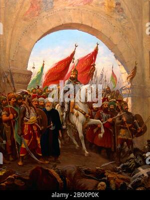 Türkei/Italien: 'Der Eintritt von Mahomet II. In Konstantinopel / der Eintritt von Fatih Sultan Mehmet in Istanbul'. Öl auf Leinwand Gemälde von Fausto Zonaro (1854-1929), Ende des 19. Jahrhunderts. Mehmed II. (30. März 1432 – 3. Mai 1481) oder, im modernen Türkisch, Fatih Sultan Mehmet; bekannt als Mahomet oder Mohammed II. Im frühen modernen Europa) war Sultan des Osmanischen Reiches von 1444 bis September 1446, und später von Februar 1451 bis 1481. Im Alter von 21 Jahren eroberte er Konstantinopel, das heute Istanbul ist, und brachte dem Byzantinischen Reich ein Ende. Stockfoto