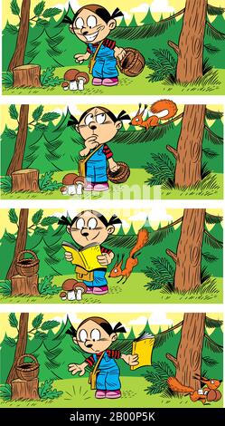 Vektorgrafiken mit Kindern und Tieren. Ein Mädchen pflückt Pilze im Wald und ein Eichhörnchen stiehlt sie. Comic-Seite für Kinder in Carto Stock Vektor