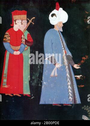 Türkei: Suleiman I. (1494-1566), besser bekannt als Suleiman der Magnificent. Miniatur eines unbekannten Künstlers, Ende des 16. Jahrhunderts. Suleiman I. war der zehnte und am längsten regierende Sultan des Osmanischen Reiches, von 1520 bis zu seinem Tod 1566. Er ist im Westen als Süleiman der Magnificent und im Osten als Gesetzgeber für seinen vollständigen Wiederaufbau des osmanischen Rechtssystems bekannt. Suleiman wurde ein prominenter Monarch von Europa des 16. Jahrhunderts und präsidierte die Spitze der militärischen, politischen und wirtschaftlichen Macht des Osmanischen Reiches. Stockfoto