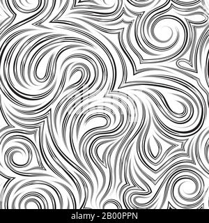 Nahtlose monochrome Vektortextur mit glatten Schnittlinien. Verdrehtes Muster zum Verzieren von Stoffen oder Wrappern in Schwarz Stock Vektor