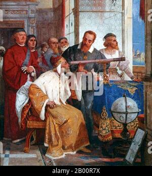 Italien: 'Galileo Galilei zeigt dem Dogen von Venedig, wie man das Teleskop benutzt'. Fresko von Giuseppe Bertini (1825-1898), 1858. Galileo Galilei (15. Februar 1564 – 8. Januar 1642) war ein italienischer Physiker, Mathematiker, Philosoph und Astronom, der eine entscheidende Rolle bei der Etablierung der modernen Wissenschaft zu einer Zeit spielte, als der Widerspruch der Religion als Häresie galt. Es war als Astronom, dass er am umstrittensten war. Galileo entwickelte Teleskope, die die Phasen der Venus bestätigten, und die Entdeckung der vier größten Satelliten des Jupiter (benannt die Galileischen Monde zu seinen Ehren), sowie Sonnenflecken Stockfoto