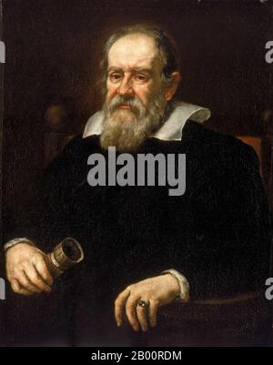 Italien: Porträt von Galileo Galilei (1564-1642). Öl auf Leinwand Gemälde von Justus Sustermans (1597-1681), c. 1640. Galileo Galilei (15. Februar 1564 – 8. Januar 1642) war ein italienischer Physiker, Mathematiker, Philosoph und Astronom, der eine entscheidende Rolle bei der Etablierung der modernen Wissenschaft zu einer Zeit spielte, als der Widerspruch der Religion als Häresie galt. Es war als Astronom, dass er am umstrittensten war. Galileo entwickelte Teleskope, die die Phasen der Venus bestätigten, und die Entdeckung der vier größten Satelliten des Jupiter (benannt die Galileischen Monde zu seinen Ehren), sowie Sonnenflecken. Stockfoto
