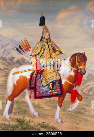 China/Italien: 'Der Qianlong-Kaiser in der zeremoniellen Rüstung auf dem Pferderuh'. Tusche und Farbe auf Seiden Reitportrait von Giuseppe Castiglione (1688-1766), 1758. Der Kaiser Qianlong (chinesisches Pinyin: Qianlong Di; Wade–Giles: Chien-lung Ti), geboren Hongli (25. September 1711 – 7. Februar 1799), war der fünfte Kaiser der von Mandschu geführten Qing Dynastie und der vierte Kaiser Qing, der über China selbst regierte. Der vierte Sohn des Yongzheng Kaisers regierte offiziell vom 11. Oktober 1736 bis zum 7. Februar 1795. Am 8. Februar (Beginn dieses Mondjahres) gab er zugunsten seines Sohnes, des Kaisers Jiaqing, ab. Stockfoto