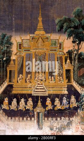 Kambodscha: Die Reamker (Ramayana) Fresken in der Galerie rund um die Silberpagode, Königspalast und Silberpagode, Phnom Penh. Das Ramayana ('Romance of Rama' auf Sanskrit) ist eine Geschichte, die so alt wie die Zeit ist und - zumindest auf dem indischen Subkontinent und in weiten Teilen Südostasiens - von unvergleichlicher Popularität ist. Vor mehr als zweitausend dreihundert Jahren setzte sich der Gelehrte-Dichter Valmiki zusammen, um sein endgültiges Epos von Liebe und Krieg zu schreiben. Die Sanskrit-Version besteht in ihrer jetzigen Form aus etwa 24,000 in sieben Bücher gegliederten Couplets. Der Reamker ist die Khmer-Version dieses Epos. Stockfoto