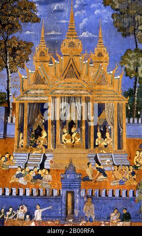 Kambodscha: Die Reamker (Ramayana) Fresken in der Galerie rund um die Silberpagode, Königspalast und Silberpagode, Phnom Penh. Das Ramayana ('Romance of Rama' auf Sanskrit) ist eine Geschichte, die so alt wie die Zeit ist und - zumindest auf dem indischen Subkontinent und in weiten Teilen Südostasiens - von unvergleichlicher Popularität ist. Vor mehr als zweitausend dreihundert Jahren setzte sich der Gelehrte-Dichter Valmiki zusammen, um sein endgültiges Epos von Liebe und Krieg zu schreiben. Die Sanskrit-Version besteht in ihrer jetzigen Form aus etwa 24,000 in sieben Bücher gegliederten Couplets. Der Reamker ist die Khmer-Version dieses Epos. Stockfoto