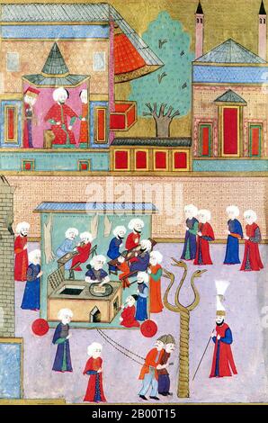 Türkei: Gemälde zur Beschneidung des Sohnes des osmanischen Sultans Murad III. Shezade Mehmet im Jahr 1582. Der Sultan des Osmanischen Reiches Murad III. (4. Juli 1546 – 15/16. Januar 1595) war der älteste Sohn von Sultan Selim II. (1566–74) und folgte 1574 seinem Vater. Murad begann seine Herrschaft, indem er seine fünf jüngeren Brüder erwürgte. Seine Autorität wurde durch die Harem-Einflüsse, genauer gesagt, die seiner Mutter und später seiner Lieblingsfrau Safiye Sultan untergraben. Die Herrschaft Murads III. War geprägt von Kriegen mit Safaviden und Habsburgern, osmanischem wirtschaftlichen Niedergang und institutionellem Verfall. Stockfoto