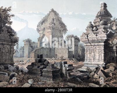 Indonesien: 'Ruinen von Prambanan, Java'. Kolorierte Lithographie von Cornelis Springer (1817-1891), 1852. Diese farbige Lithographie zeigt die Ruinen des Prambanan-Tempels in Zentral-Java, des größten Hindu-Tempels, der je in Indonesien gebaut wurde und einer der größten in Südostasien. Gewidmet dem Triumvirat von Shiva, Brahma und Vishnu, wurde der Tempel um 850 n. Chr. von der Mataram-Dynastie erbaut, aber bald nach seinem Bau aufgegeben. Die Mataram-Dynastie praktizierte Aspekte des Hinduismus und Buddhismus, und der Tempelkomplex umfasst einige der frühesten buddhistischen Tempel in Indonesien. Stockfoto