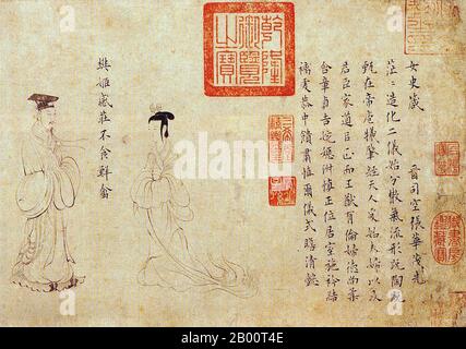 China: Die Mahnungen Schriftrolle, 1. Szene - Einleitung (Kopie des Pekinger Palastmuseums). Die Ermahnungsrolle ist ein chinesisches erzählerisches Gemälde auf Seide, das traditionell Gu Kaizhi zugeschrieben wird (c.345-c. 406 CE), das aber von der modernen Wissenschaft als ein Werk des 5. Bis 8. Jahrhunderts betrachtet wird, das möglicherweise eine Kopie eines originalen Gerichtstextes der Jin Dynastie (265–420 CE) von Gu Kaizhi sein kann. Der vollständige Titel des Gemäldes ist Ermahnungen der Hoflehrerin (Chinesisch: Nushi Zhentu). Es wurde gemalt, um einen poetischen Text zu illustrieren, der 292 vom Dichter und Beamten Zhang Hua (232–300) geschrieben wurde. Stockfoto