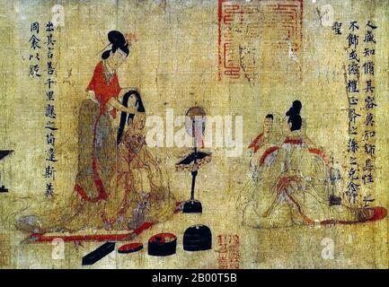 China: Die Mahnungen Scroll, Szene 7 - Hofdamen an ihrer Toilette (British Museum Kopie). Die Ermahnungsrolle ist ein chinesisches erzählerisches Gemälde auf Seide, das traditionell Gu Kaizhi zugeschrieben wird (c.345-c. 406 CE), das aber von der modernen Wissenschaft als ein Werk des 5. Bis 8. Jahrhunderts betrachtet wird, das möglicherweise eine Kopie eines originalen Gerichtstextes der Jin Dynastie (265–420 CE) von Gu Kaizhi sein kann. Der vollständige Titel des Gemäldes ist Ermahnungen der Hoflehrerin (Chinesisch: Nushi Zhentu). Es wurde gemalt, um einen poetischen Text zu illustrieren, der 292 vom Dichter und Beamten Zhang Hua (232–300) geschrieben wurde. Stockfoto