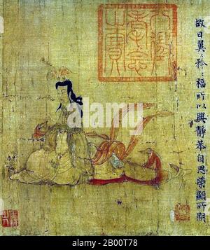 China: Die Ermahnungen Schriftrolle, Szene 12 - EINE Palastdame reflektiert über ihr eigenes Verhalten (British Museum Kopie). Die Ermahnungsrolle ist ein chinesisches erzählerisches Gemälde auf Seide, das traditionell Gu Kaizhi zugeschrieben wird (c.345-c. 406 CE), das aber von der modernen Wissenschaft als ein Werk des 5. Bis 8. Jahrhunderts betrachtet wird, das möglicherweise eine Kopie eines originalen Gerichtstextes der Jin Dynastie (265–420 CE) von Gu Kaizhi sein kann. Der vollständige Titel des Gemäldes ist Ermahnungen der Hoflehrerin (Chinesisch: Nushi Zhentu). Es wurde gemalt, um einen poetischen Text zu illustrieren, der 292 vom Dichter und Beamten Zhang Hua (232–300) geschrieben wurde. Stockfoto