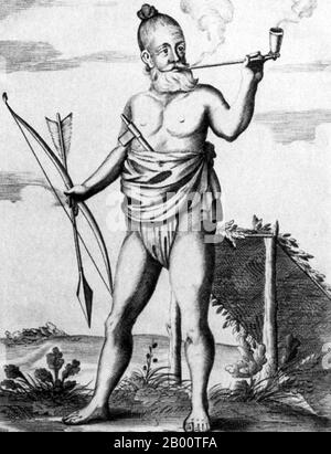 Sri Lanka: 'Ein Veddha oder wilder Mann'. Illustration von Robert Knox (1641-1720), 1681. "An Historical Relation of the Island Ceylon... since my Deliverance Out of Captivity" ist ein Buch, das der englische Händler und Segler Robert Knox 1681 geschrieben hat. Er beschreibt seine Erfahrungen einige Jahre zuvor auf der südasiatischen Insel, die heute am besten als Sri Lanka bekannt ist, und stellt eine der wichtigsten zeitgenössischen Darstellungen des ceylonesischen Lebens aus dem 17. Jahrhundert dar. KNOX verbrachte 19 Jahre auf Ceylon als Gefangener von König Rajasimha II. Stockfoto