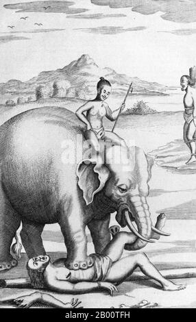 Sri Lanka: "Eine Hinrichtung durch Elefanten. Illustration von Robert Knox (1641-1720), 1681. "An Historical Relation of the Island Ceylon... since my Deliverance Out of Captivity" ist ein Buch, das der englische Händler und Segler Robert Knox 1681 geschrieben hat. Er beschreibt seine Erfahrungen einige Jahre zuvor auf der südasiatischen Insel, die heute am besten als Sri Lanka bekannt ist, und stellt eine der wichtigsten zeitgenössischen Darstellungen des ceylonesischen Lebens aus dem 17. Jahrhundert dar. KNOX verbrachte 19 Jahre auf Ceylon als Gefangener von König Rajasimha II. Stockfoto