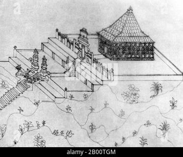 Indonesien: Bleistiftskizze aus den 1840er Jahren des Grabes von Sunan Giri, der im 16. Jahrhundert auf einem heiligen Hügel bei Gresik in Java begraben wurde. Sunan Giri ist einer der bekanntesten ‘wali sanga’ oder verehrten Heiligen des Islam Indonesiens. Der Name ‘Sunan Giri’ bedeutet in der Tat ‘ehrwürdigen Hügel’ und sein Grab ist ein Wallfahrtsort bis heute. Die Dutch East India Company, oder VOC, war ein gechartertes Unternehmen, das von der niederländischen Regierung ein Monopol zur Durchführung kolonialer Aktivitäten in Asien erhielt. Es war das erste multinationale Unternehmen der Welt und das erste Unternehmen, das Aktien, sowie die erste Megacorporation. Stockfoto