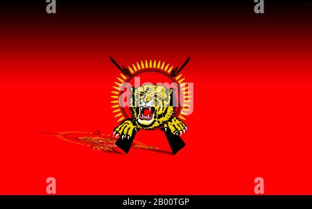 Sri Lanka: Flagge der Befreiungstiger von Tamil Eelam (LTTE). Die Liberation Tigers of Tamil Eelam, gemeinhin als LTTE oder Tamil Tigers bekannt, ist eine separatistische Organisation, die früher im Norden Sri Lankas ihren Sitz hatte. Im Mai 1976 von Velupillai Prabhakaran gegründet, führt sie eine gewalttätige Sezessionskampagne durch, die versucht, Tamil Eelam zu gründen, einen unabhängigen Staat im Norden und Osten Sri Lankas. Diese Kampagne entwickelte sich zum srilankischen Bürgerkrieg, der einer der am längsten andauerenden bewaffneten Konflikte in Asien war, bis die LTTE im Mai 2009 von den srilankischen Streitkräften besiegt wurde. Stockfoto