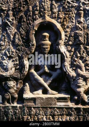 Kambodscha: Rishi, Preah Khan, Angkor. Preah Khan (Tempel des Heiligen Schwertes) wurde im späten 12. Jahrhundert (1191) von Jayavarman VII. Erbaut und liegt nördlich von Angkor Thom. Der Tempel wurde auf dem Aufstellungsort von Jayavarman VII Sieg über dem eindringenden Chams 1191 errichtet. Es war das Zentrum einer bedeutenden Organisation mit fast 100,000 Beamten und Bediensteten. Es diente als buddhistische Universität zu einer Zeit. Die primäre Gottheit des Tempels ist der boddhisatva Avalokiteshvara in Form von Jayavarmans Vater. Stockfoto