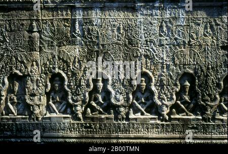 Kambodscha: Rishi, Preah Khan, Angkor. Preah Khan (Tempel des Heiligen Schwertes) wurde im späten 12. Jahrhundert (1191) von Jayavarman VII. Erbaut und liegt nördlich von Angkor Thom. Der Tempel wurde auf dem Aufstellungsort von Jayavarman VII Sieg über dem eindringenden Chams 1191 errichtet. Es war das Zentrum einer bedeutenden Organisation mit fast 100,000 Beamten und Bediensteten. Es diente als buddhistische Universität zu einer Zeit. Die primäre Gottheit des Tempels ist der boddhisatva Avalokiteshvara in Form von Jayavarmans Vater. Stockfoto
