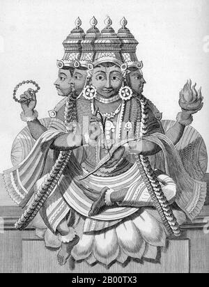 Indien: 'Trimurti - Brahma, Vishnu und Siva'. Illustration von Pierre Sonnerat (1748-1814), 1782. Pierre Sonnerat (1748-1814) war ein französischer Naturforscher und Forscher, der zwischen 1769 und 1781 mehrere Reisen nach Südostasien machte. Er veröffentlichte diese zweibändige Bericht über seine Reise von 1774-81 in 1782. Band 1 befasst sich ausschließlich mit Indien, dessen Kultur Sonnerat sehr bewundert, und ist besonders bemerkenswert für seine erweiterte Diskussion über Religion in Indien, Hinduismus im Besonderen. Das Buch ist mit Stichen illustriert, die auf Sonnerat’s Zeichnungen basieren. Stockfoto