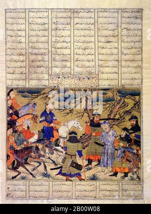 Iran: Eine Seite aus dem ‘Großen Mongolen Shanameh’, eine beleuchtete Kopie des Buches der Könige berühmt für seine persischen Miniaturbilder, c. 1330-1340. Das Shahnameh (Buch der Könige) ist ein persisches Epos von 60,000 Versen, geschrieben vom persischen Dichter Ferdowsi in 1000 u.Z. Sie erzählt von der persischen Geschichte von der Entstehung der Zeit bis zur arabischen Invasion des 7. Jahrhunderts. Stockfoto