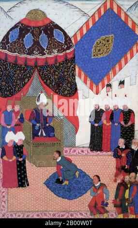 Türkei: 'Sultan Suleyman empfängt Stephen Zapolya', aus dem illuminierten Manuskript 'Nuzhet El-Esrar el-Ahbar der Sefer-i-Sigetvar' von Ahmed Feridun Pasa, datiert 1568-9. Sultan Suleyman I. (1494-1566), auch bekannt als 'Suleyman der Magnificent' und 'Suleyman der Gesetzgeber', war der 10. Und am längsten regierende Sultan des Osmanischen Reiches. Er persönlich führte seine Armeen zu erobern Siebenbürgen, die Kaspischen, einen Großteil des Nahen Ostens und der Maghreb. In diesem Gemälde empfängt er Stephen Zapolya, den König von Ungarn. 72 Jahre alt, wird Suleyman als alt und schwach dargestellt, ein Hauch von Feierlichkeit durchdringt die Szene. Stockfoto