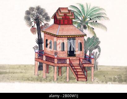 Birma/Myanmar: Hpong-Gyee Kyoung, ein Kloster. Dieses Gemälde, von einem unbekannten burmesischen Künstler, ist aus einem Aquarell Skizzenalbum von c.1897, das Illustrationen von buddhistischen Mönchen, Buddha, Klöster, Krematationen und häusliche Szenen enthält. Die Legende schreibt die erste buddhistische Lehre in Burma auf 228 v. Chr. zurück, als Sohn Uttar Sthavira, einer der königlichen Mönche von Kaiser Ashoka dem Großen von Indien, mit anderen Mönchen und heiligen Texten ins Land kam. Allerdings begann die Ära des Buddhismus wirklich im 11. Jahrhundert, nachdem König Anawrahta von Pagan (Bagan) zum Theravada Buddhismus umgewandelt wurde. Stockfoto