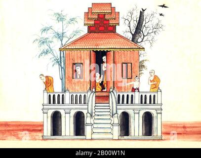 Birma/Myanmar: Hpong-Gyee Kyoung, ein Kloster. Dieses Gemälde, von einem unbekannten burmesischen Künstler, ist aus einem Aquarell Skizzenalbum von c.1897, das Illustrationen von buddhistischen Mönchen, Buddha, Klöster, Krematationen und häusliche Szenen enthält. Die Legende schreibt die erste buddhistische Lehre in Burma auf 228 v. Chr. zurück, als Sohn Uttar Sthavira, einer der königlichen Mönche von Kaiser Ashoka dem Großen von Indien, mit anderen Mönchen und heiligen Texten ins Land kam. Allerdings begann die Ära des Buddhismus wirklich im 11. Jahrhundert, nachdem König Anawrahta von Pagan (Bagan) zum Theravada Buddhismus umgewandelt wurde. Stockfoto