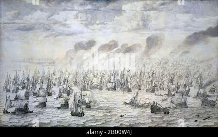 Niederlande: 'Die Schlacht von Scheveningen, 10. August 1653'. Tusche und Öl auf Leinwand Gemälde von Willem van de Velde der Ältere (c. 1611-1693), 1657. Die Schlacht von Scheveningen war die letzte Seeschlacht des ersten Anglo-Niederländischen Krieges. Im Juni 1653 hatte die englische Flotte eine Blockade der niederländischen Küste begonnen. Am 10. August wurden englische und niederländische Schiffe eingesetzt, was zu schweren Schäden auf beiden Seiten führte. Die Blockade wurde aufgehoben, aber der Tod des niederländischen Admiral Maarten Tromp war ein schwerer Schlag, der schließlich zu holländischen Zugeständnissen im Vertrag von Westminster führte. Stockfoto