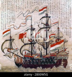Japan: Ein japanisches Gemälde eines Schiffes der Dutch East India Company (VOC), Nagasaki School, 1782. Die Dutch East India Company (Vereenigde Oost-Indische Compagnie oder VOC auf Niederländisch, wörtlich "United East Indian Company") war eine gecharterte Firma, die 1602 gegründet wurde, als die Generalstaaten der Niederlande ihr ein 21-jähriges Monopol zur Durchführung kolonialer Aktivitäten in Asien gewährten. Es war das erste multinationale Unternehmen der Welt und das erste Unternehmen, das Aktien aufgab. Es war wohl auch die erste Megakorporation der Welt, die quasi-staatliche Befugnisse besaß, einschließlich der Fähigkeit zu Lohn Stockfoto