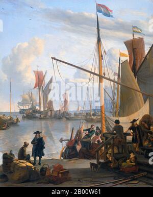Holland: 'Das Y in Amsterdam, vom Mosselsteiger aus gesehen'. Öl auf Leinwand Gemälde von Ludolf Bakhuizen (1631– 1708), 1673. Ludolf Bakhuizen (oder Backhuysen) (28. Dezember 1630 – 17. November 1708) war ein in Deutschland geborener niederländischer Maler des Goldenen Zeitalters, der nach der Abreise der beiden Willem van de Veldes (Vater und Sohn) nach England im Jahr 1672 der führende niederländische Maler maritimer Themen war. Stockfoto