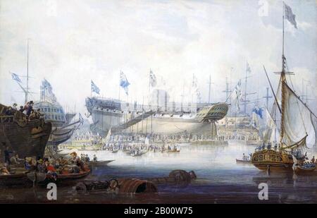 Maritime: 'Die Lancierung des ehrenwerten East India Company Schiffes 'Edinburgh'. Aquarell Gemälde von William John Huggins (1781-1845), c. 1825. William John Huggins (1781. - 19. Mai 1845) war ein britischer Marinemaler, der Zeit als gewöhnlicher Seemann verbrachte und eine Reise nach Indien und China zwischen Dezember 1812 und August 1814 auf einem Ost-Indiaman machte. Während seiner Reise zeichnete er verschiedene Schiffe und Landschaften und wurde schließlich ein professioneller Künstler, nachdem er sich in London niederließ und für die East India Company arbeitete. Huggins gewann königliche Schirmherrschaft für seine Arbeit. Stockfoto