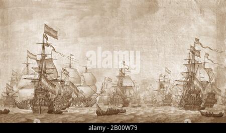Maritime: "Die Niederländische Flotte Unter Segel". Öl auf Leinwand Gemälde von Willem Van De Velde der Ältere (1611-1693), 1672. „die holländische Flotte unter Sail“ soll eine Darstellung der niederländischen Kampfflotte sein, die 1667 für die Medway und Sheerness in See trat. Diese Expedition unter der Kommando von Admiral De Ruyter führte zu einem atemberaubenden Erfolg. Ein Großteil der englischen Marine wurde zerstört oder gefangen genommen. Die holländischen Schiffe, die an diesem Angriff teilgenommen haben, sind auf diesem Gemälde dargestellt. Rechts befindet sich die Witte Olifant (Baujahr 1666), die leicht an einem weißen Elefanten auf ihrem Heck erkennbar ist. Stockfoto