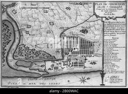 Indien: Eine Karte der französischen Kolonie Pondicherry, von Nicolas de Fer (1646-1720), 1705. Pondicherry, oder Puducherry, ist eine ehemalige französische Kolonie in Indien, auch genannt die französische Riviera des Ostens (La Côte d'Azur de l'Est) für seine reiche französische Kultur und Architektur. Der Gebrauch der französischen Sprache kann in Pondicherry bis heute gesehen werden. Die Stadt hat immer noch eine große Anzahl von Tamilen und eine kleine Anzahl von nicht-tamilischen Einwohnern mit französischen Pässen, die Nachkommen derer sind, die sich entschieden, Französisch zu bleiben, als das damals herrschende französische Establishment den Menschen von Pondicherry eine Option auf e bot Stockfoto