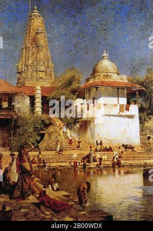 Indien: 'Der Tempel und Tank von Walkeshwar in Bombay'. Öl auf Leinwand Gemälde von Edwin Lord Weeks (1849-1903), c. 1884. Edwin Lord Weeks (1849 – 1903), amerikanischer Künstler und Orientalist, wurde 1849 in Boston, Massachusetts, geboren. Er war Schüler von Léon Bonnat und von Jean-Léon Gérôme, in Paris. Er machte viele Reisen in den Osten, und wurde als Maler der orientalischen Szenen ausgezeichnet. Weeks Eltern waren wohlhabende Gewürz- und Teehändler aus Newton, Boston und als solche konnten sie akzeptieren, wahrscheinlich ermutigen, und sicherlich finanzieren ihres Sohnes jugendliches Interesse an Malerei und Reisen. Stockfoto