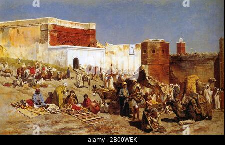 Marokko: 'Open Market, Rabat'. Öl auf Leinwand Gemälde von Edwin Lord Weeks (1849-1903), 1880. Edwin Lord Weeks (1849 – 1903), amerikanischer Künstler und Orientalist, wurde 1849 in Boston, Massachusetts, geboren. Er war Schüler von Léon Bonnat und von Jean-Léon Gérôme, in Paris. Er machte viele Reisen in den Osten, und wurde als Maler der orientalischen Szenen ausgezeichnet. Weeks' Eltern waren wohlhabende Gewürz-und Tee-Händler aus Newton, einem Vorort von Boston und als solche waren sie in der Lage zu akzeptieren, wahrscheinlich zu ermutigen, und sicherlich finanzieren ihres Sohnes jugendliches Interesse an Malerei und Reisen. Stockfoto