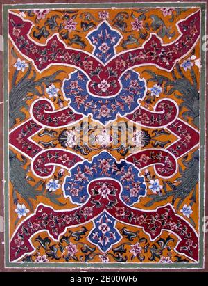 Pakistan: Arabesque, Wazir Khan Moschee, Lahore. Foto von Atif Gulzar (CC BY-SA 3.0 Lizenz). Die Wazir Khan Moschee (Masjid Wazir Khan) in Lahore, Pakistan, wird für ihre umfangreiche Fayence Fliesenarbeit gefeiert. Es wurde als "ein Schönheitsfleck auf der Wange von Lahore" beschrieben. Es wurde in sieben Jahren gebaut, beginnend um 1634-1635, während der Herrschaft des Moghul-Kaiser Shah Jahan. Es wurde von Shaikh Ilm-ud-din Ansari, einem gebürtigen Chiniot, der zum Gerichtsarzt zu Shah Jahan und später zum Gouverneur von Lahore erhoben wurde, gebaut. Er war allgemein bekannt als Wazir Khan. Stockfoto