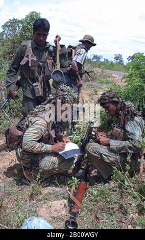 Sri Lanka: Soldaten der Befreiungstiger von Tamil Eelam (LTTE) untersuchen ihre Waffen (2008). LTTE-Soldaten untersuchen ihre Waffen während des Kampfes gegen srilankische Regierungssoldaten im Dorf Akkaraayan im von Rebellen gehaltenen Bezirk der Region Vanni (Wanni), 2008. Stockfoto