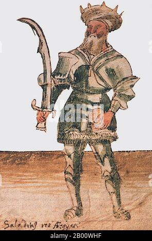 Ägypten/Syrien: 'Saladin rex Aegypti' aus einer Handschrift des 15. Jahrhunderts. Ṣalāḥ ad-Dīn Yūsuf ibn Ayyūb (c. 1138 – 4. März 1193), in der westlichen Welt besser bekannt als Saladin, war ein kurdischer Muslim, der der erste Ayyubide Sultan von Ägypten und Syrien wurde. Er führte die islamische Opposition gegen die Franken und andere europäische Kreuzfahrer in der Levante. Auf dem Höhepunkt seiner Macht regierte er über Ägypten, Syrien, Mesopotamien, Hejaz und Jemen. Er führte die Muslime gegen die Kreuzfahrer und schließlich wieder Palästina aus dem Kreuzritterreich von Jerusalem nach seinem Sieg in der Schlacht von Hattin. Stockfoto