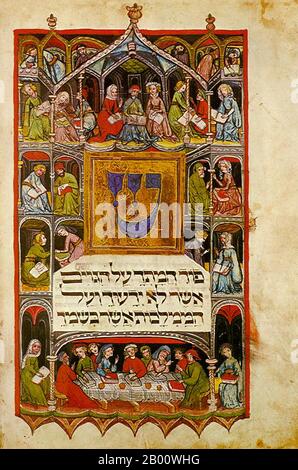 Deutschland: Deutsch beleuchtet Haggada für Passah, c. 1430. Jüdische illuminierte Handschrift der Haggada für Passah von Israel B. Meir (fl. Anfang 15. Jahrhundert). Stockfoto