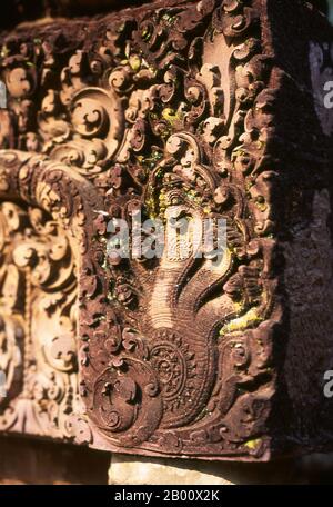 Kambodscha: Naga schmückt eine Ecke eines der Bibliotheksgebäude, Banteay Srei (Zitadelle der Frauen), in der Nähe von Angkor. Banteay Srei (oder Banteay Srey) ist ein kambodschanischer Tempel aus dem 10. Jahrhundert, der dem Hindu-gott Shiva gewidmet ist und im Nordosten der Hauptgruppe von Tempeln in Angkor liegt. Banteay Srei ist weitgehend aus rotem Sandstein gebaut, ein Medium, das sich für die aufwendigen dekorativen Wandschnitzereien eignet, die noch heute zu beobachten sind. Banteay Srei wird manchmal als das "Juwel der Khmer-Kunst" bezeichnet. Stockfoto