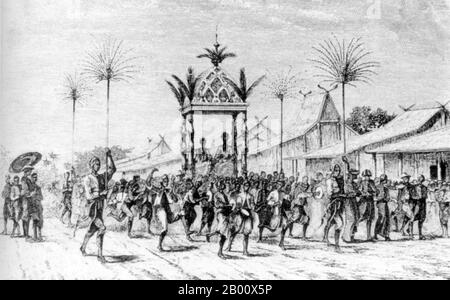 Indonesien: Eine muslimische Hochzeitsprozession aus dem frühen 19. Jahrhundert in Java. Diese Abbildung ist einem zeitgenössischen Holzschnitt entnommen und zeigt die Braut und den Bräutigam, die durch die Straße getragen werden, während die Gäste Musik und Tanz spielen. Stockfoto