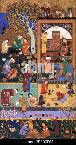 Iran: Ein Muezzin ruft die Gläubigen zum Gebet, während in einem Madrassa, Studenten kochen, lesen, schreiben, waschen oder werden von dem Meister in diesem Gemälde aus Tabriz, c. 1540 CE. Tabriz war von 1501 bis 1548 die Hauptstadt des Safavidenreiches, während dessen viele große Maler wie AQA Mirak, mir Sayyid Ali und Dust Muhammad prächtige königliche Handschriften produzierten. Safavid Art setzte Maßstäbe für Malerei, Literatur und Architektur sowie Keramik, Metall und Glas. Neben der persischen Kultur wurde viel Safavid Kunst auch stark von türkischen, chinesischen, osmanischen und westlichen Kulturen beeinflusst. Stockfoto