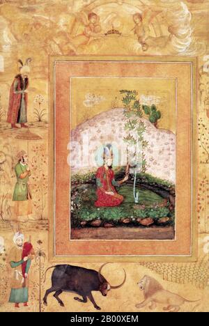 Indien/Afghanistan/Pakistan: Ein Miniaturbild von Payag (17. Jahrhundert) von Mogul-Kaiser Humayun sitzt in einem Garten neben einem 1650. Nasir ud-din Muhammad Humayun (1508-56) war der zweite Moghul-Kaiser, der das heutige Afghanistan, Pakistan und Teile Nordindiens von 1530–40 und wieder von 1555–56 regierte. Wie sein Vater Babur verlor er sein Königreich früh, aber mit persischer Hilfe gewann er schließlich ein größeres zurück. Am Vorabend seines Todes im Jahr 1556, das Moghul-Reich erstreckt sich über fast eine Million Quadratkilometer. Stockfoto