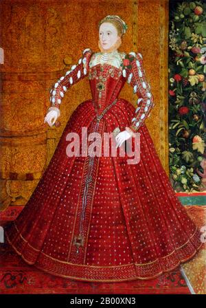 England: 'Queen Elizabeth I'. Das 'Hampden Portrait', Öl auf Leinwand Gemälde von Steven van der Meulen (fl. 1543-1568), c. 1563. Elisabeth I. (7. September 1533 – 24. März 1603) war Königin Regnant von England und Königin Regnant von Irland vom 17. November 1558 bis zu ihrem Tod. Manchmal auch die Jungfrau Königin, Gloriana oder gute Königin Bess genannt, war Elisabeth der fünfte und letzte Monarch der Tudor-Dynastie. Elizabeth I.'s Außenpolitik in Bezug auf Asien, Afrika und Lateinamerika zeigte ein neues Verständnis der Rolle Englands als maritime, protestantische Macht in einer zunehmend globalen Wirtschaft. Stockfoto
