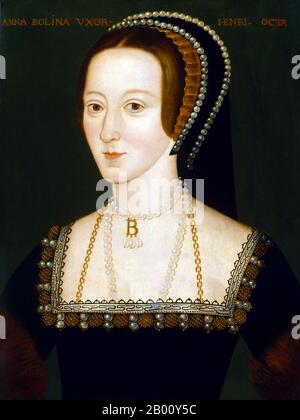 England: Anne Boleyn (ca. 1501/1507 – 19. Mai 1536), Königin von England (1533-1536) und zweite Ehefrau von Heinrich VIII. Von England. Öl auf Tafelbild von einem unbekannten Künstler,. 1533-1536. Anne wurde am 1. Juni 1533 zur Königin von England gekrönt. Am 7. September gebar sie die zukünftige Elisabeth I. von England. Zu Heinrichs Unmut jedoch versagte sie, einen männlichen Erben zu produzieren. Henry war nicht völlig entmutigt, denn er sagte, dass er Elizabeth liebte und dass ein Sohn sicherlich folgen würde. Drei Fehlgeburten folgten jedoch, und bis März 1536, Henry war umwerben Jane Seymour. Sie wurde am 19. Mai enthauptet. Stockfoto