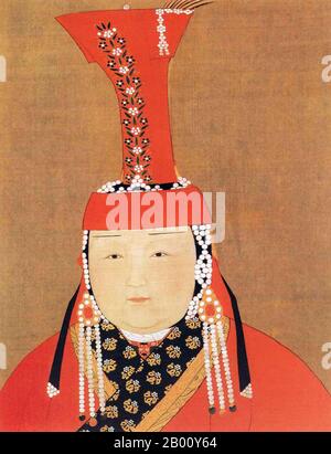 Mongolei/China: Chabi (gestorben 1286), Ehefrau von Kublai Khan (r.1260-1294), dem ersten Yuan-Kaiser Shizu. Tusche auf Seidenmalerei von Araniko (1244-1306), Ende des 13. Jahrhunderts. Kublai heiratete zuerst Tegulen, aber sie starb sehr früh. Dann heiratete er Chabi Khatun vom Khungkirat. Chabi war Kublais beliebteste Kaiserin. Nach ihrem Tod 1286 heiratete Kublai ihren jungen Cousin Nambui, nach Chabis Wunsch. Die kaiserliche Familie Song gab sich 1276 dem Yuan hin und machte die Mongolen zum ersten nicht-chinesischen Volk, das ganz China eroberte. Stockfoto