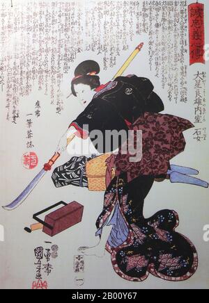 Japan: Ishi-jo, Ehefrau von Oboshi Yoshio, einem der '47 Ronin'. Ukiyo-e Holzschnitt von Utagawa Kuniyoshi (c. 1797-1861), 1848. Onna-Bugeisha oder weibliche Samurai, bildeten einen kleinen Teil der traditionellen japanischen Oberschicht. Viele Ehefrauen, Witwen, Töchter und Rebellen antworteten dem Ruf der Pflicht, indem sie sich in der Regel an der Seite von Samurai-Männern in einen Kampf einmisteten. Sie waren Mitglieder der Sushi (Samurai)-Klasse im feudalen Japan und wurden im Einsatz von Waffen ausgebildet, um ihren Haushalt, ihre Familie und ihre Ehre in Kriegszeiten zu schützen. Sie stellten auch eine Abweichung von der traditionellen japanischen "Hausfrau"-Rolle dar. Stockfoto