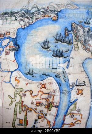 Vietnam: Eine vietnamesische Karte der Schlacht von Tourane (Da Nang), 1859. 1857 gab die Hinrichtung zweier katholischer Missionare Spaniens durch den vietnamesischen Kaiser TU Duc eine Entschuldigung für die französische Intervention in Vietnam. Im September 1858 landete eine gemeinsame französische und spanische Marineexpedition in Da Nang. Ihr Kommandant war Admiral Charles Rigault de Genouilly. Die daraus resultierende Cochinchina-Kampagne eröffnete die Ära der französischen Kolonialherrschaft in Vietnam. Stockfoto