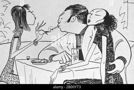 Vietnam: Karikaturzeichnung des ehemaligen vietnamesischen Kaisers Bao Dai (1913-1997) im Exil in Hongkong mit begleitenden chinesischen Hostessen, c.. 1956. Bảo Đại (22. Oktober 1913 – 30. Juli 1997), geboren Nguyễn Phúc Vĩnh Thụy, war der 13th und letzte Herrscher der Nguyễn-Dynastie. Von 1926 bis 1945 diente er als Kaiser von Annam unter französischem "Schutz". Während dieser Zeit war Annam Protektorat innerhalb der französischen Indochina. Annam deckt heute die zentralen zwei Drittel Vietnams ab (das moderne Vietnam ist eine Fusion von Annam und den ehemaligen französischen Indochina-Provinzen "Tonkin" im Norden und "Cochinchina" im Süden). Stockfoto