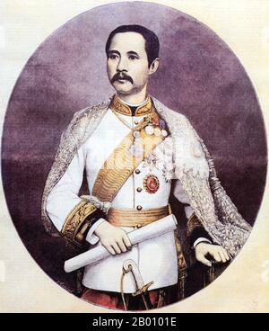 Thailand: König Rama V, Chulalongkorn (1. Oktober 1868 – 23. Oktober 1910), 5th Monarch der Chakri-Dynastie. Porträt von Fortune-Louis Meaulle (1844-1916), 1897. Phra bat Somdet Phra Poramintharamaha Chulalongkorn Phra Chunla Chom Klao Chao Yu Hua, oder Rama V (20. September 1853 – 23. Oktober 1910) war der fünfte Monarch von Siam unter dem Haus von Chakri. Er gilt als einer der größten Könige von Siam. Seine Herrschaft war geprägt von der Modernisierung Siams, immensen Regierungs- und Sozialreformen sowie territorialen Abtretungen an das Britische Reich und die französische Indochina. Stockfoto