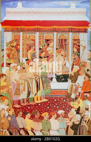 Indien: Shah Jahan, der Kaiser des Mughal Reiches von 1626-1658, verteilt Gold, Silber und andere Wertsachen an die Armen an seinem Mondgeburtstag 42nd. Gemälde von Bhola (fl. 17th Jahrhundert), c. 1656-1657. Shahab-ud-din Muhammad Khurram Shah Jahan I. (1592–1666), oder Shah Jahan, aus der persischen Bedeutung ‘König der Welt’, war der fünfte Mogulherrscher in Indien und ein Favorit seines legendären Großvaters Akbar der große. Er ist vor allem dafür bekannt, die ‘Phadshahnamah’ als Chronik seiner Herrschaft in Auftrag zu geben, und für den Bau des Taj Mahal in Agra als Grab für seine Frau Mumtaz Mahal. Stockfoto